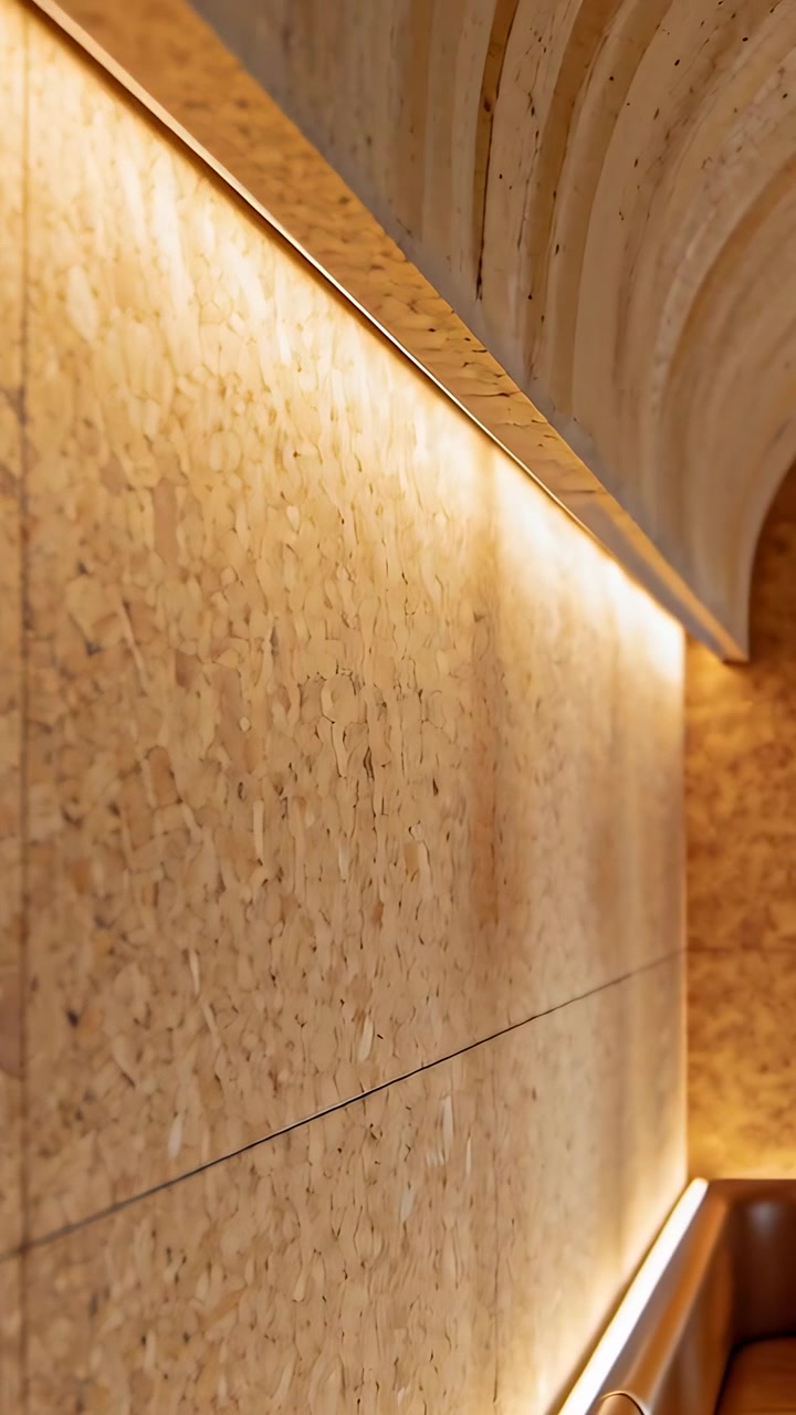 Vertical video: Panning camera revealing cork-tile wall panels in lounge to show warm LED and bench