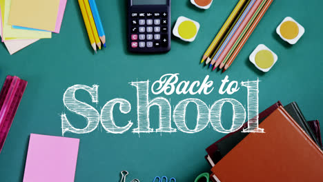 animation of back to school text over school items