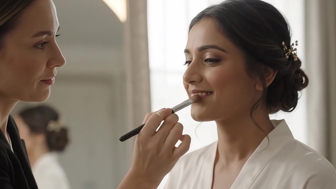 Professional Makeup Artist Applying Lipstick to a Smiling Bride