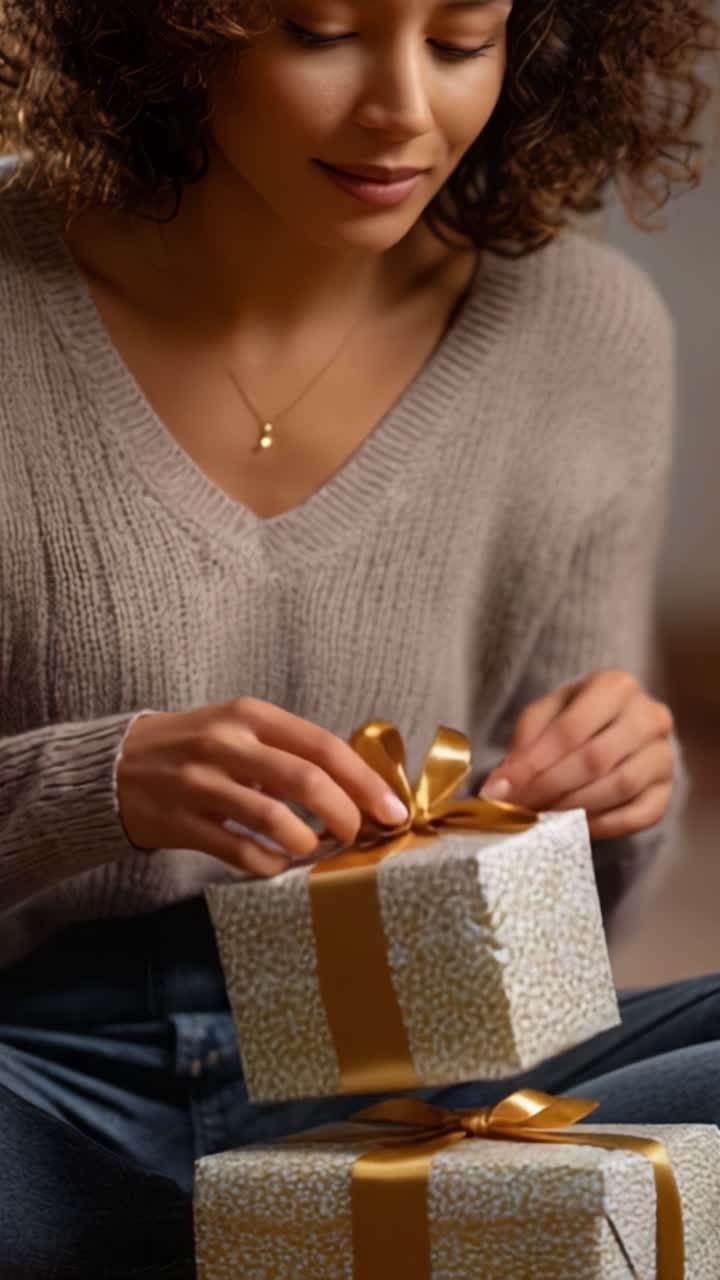 Un momento gioioso catturato mentre una donna decora delicatamente regali splendidamente incartati, mostrando il suo entusiasmo e l'attenta cura per i dettagli nella presentazione dei doni