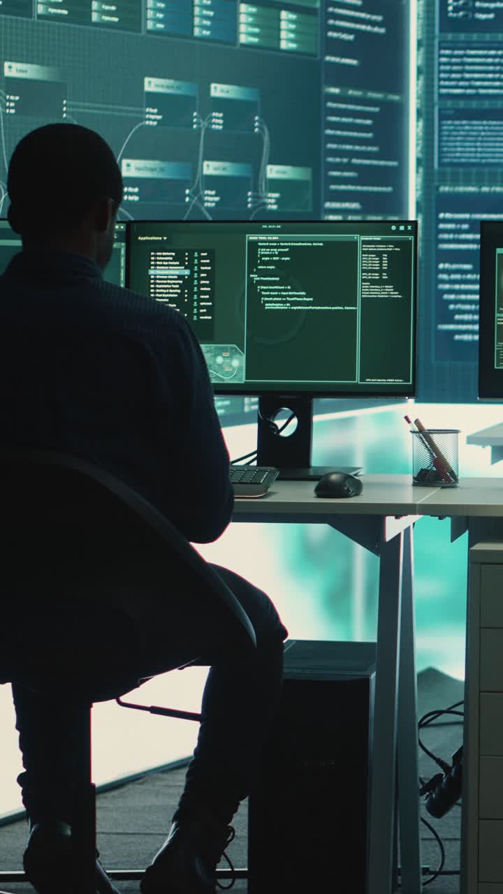 Hackers Working on Computers in a Dark High-Tech Office