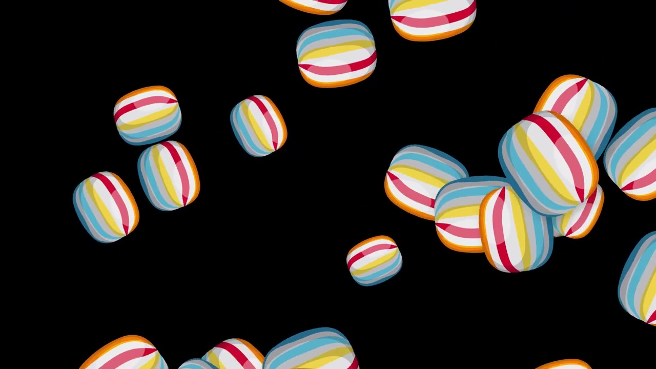 Vibrant striped hard candies burst and float across a black background in a playful animation.
