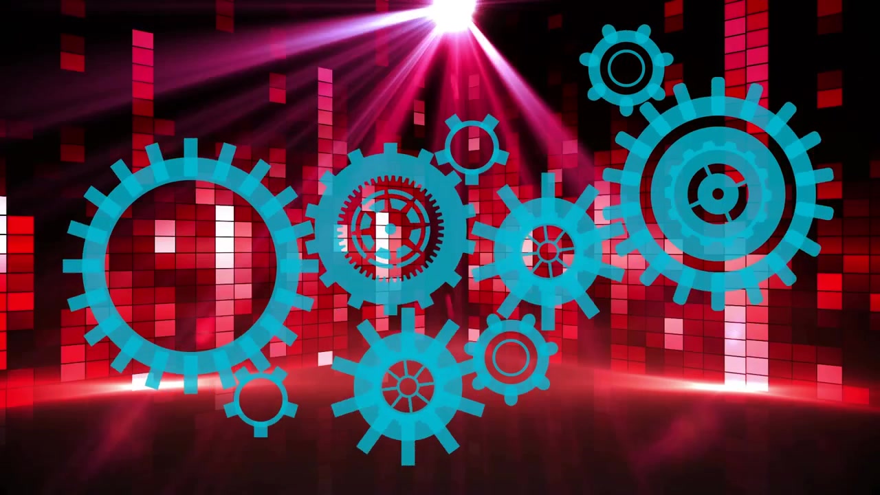Animation of cogs over light trails and moving columns on black background