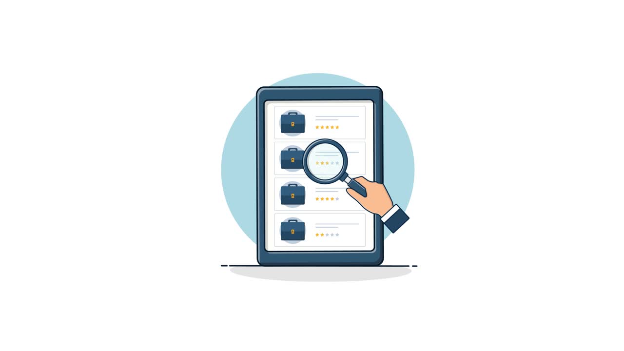 Animated Hand Searching Briefcases on a Digital Tablet