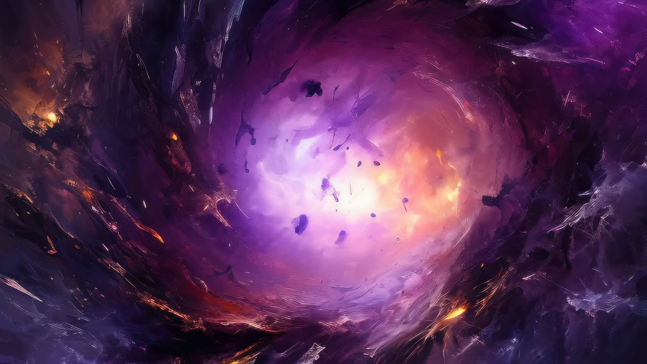 En kosmisk hvirvel med hvirvlende lilla og orange nuancer, fanget fra en dynamisk vidvinkel