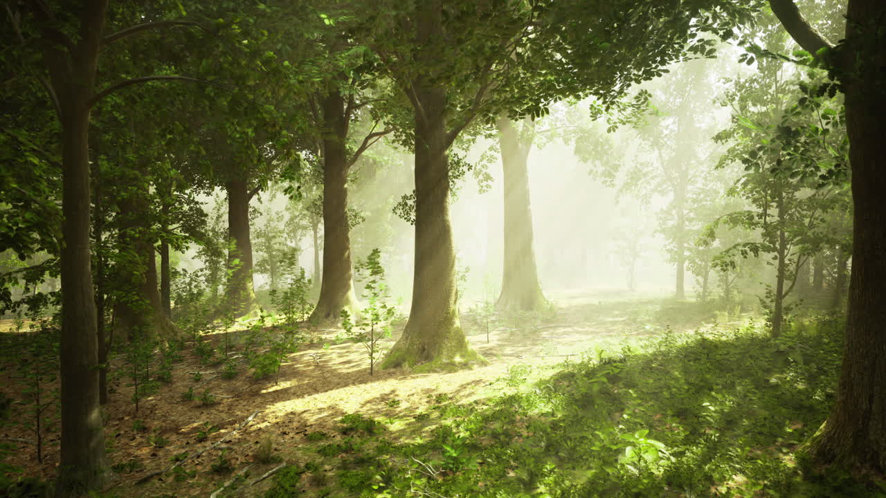 Light filters through trees in a serene forest during morning hours