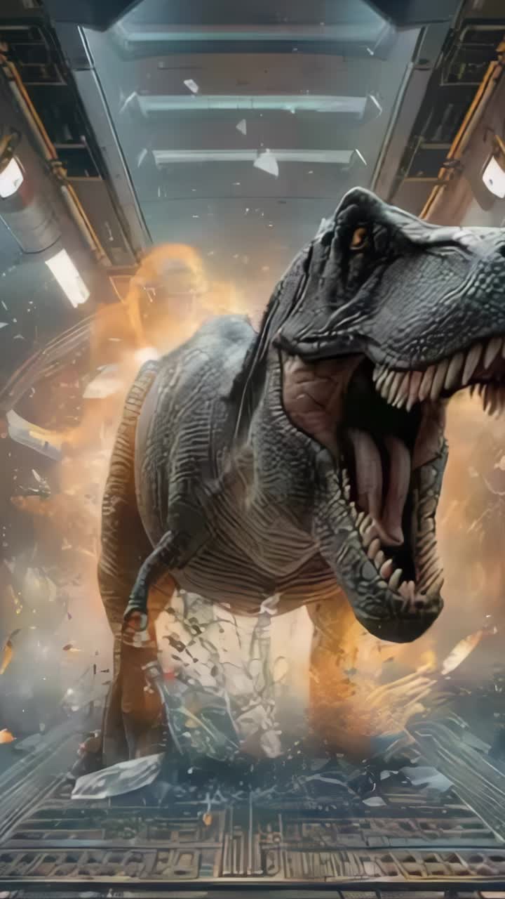 Vertical video: giant Tyrannosaurus rex emerging from glowing portal onto grated walkway amid smoke