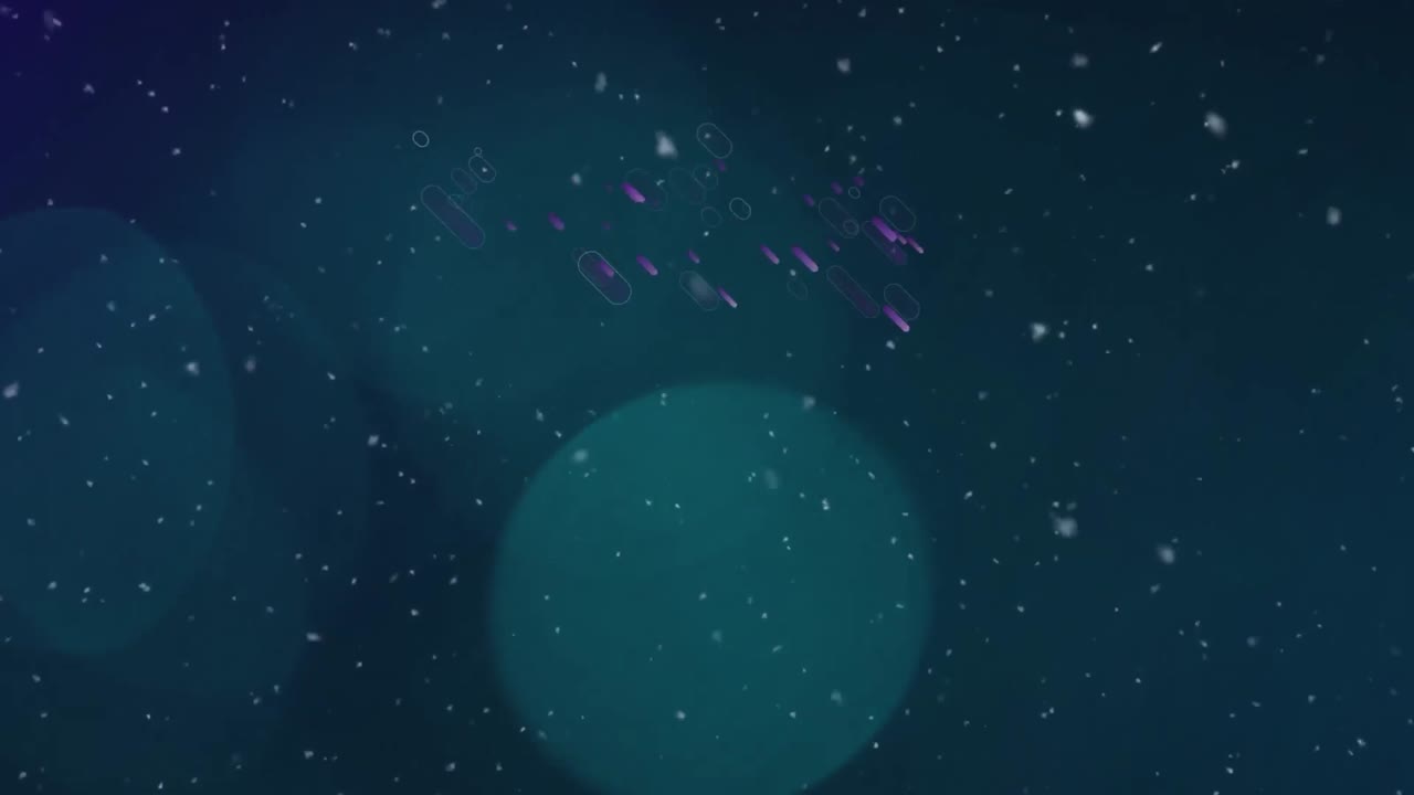 Animation of purple lines and snow falling over light spots on black background
