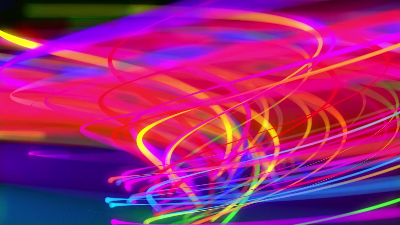 Fundo abstrato criativo e elegante em 4K. Linhas coloridas girando em espiral voam ao longo de um caminho sinuoso. Fundo de motion design de partículas formando linhas, hélices e estruturas abstratas. Renderização 3D.