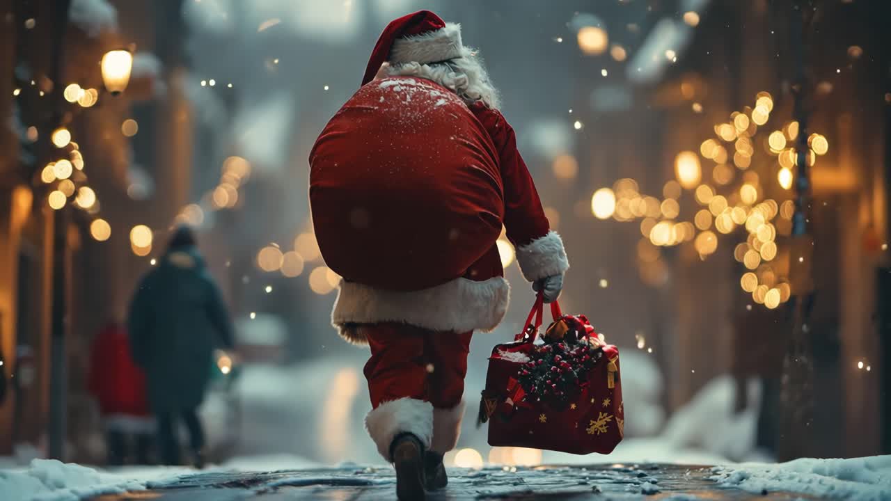 A man dressed as Santa is walking down a snowy street with a large bag on his back. The scene is festive and cheerful, with the man's red outfit and the snow-covered surroundings