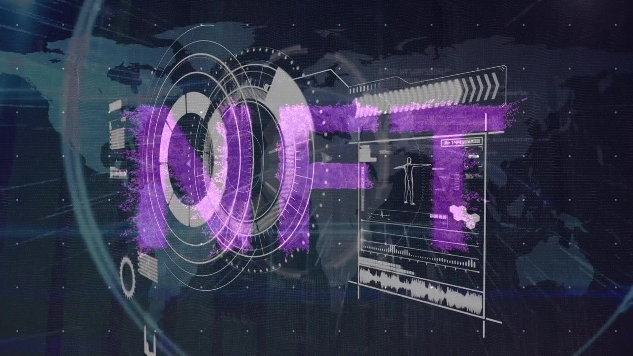 Animation of data processing with nft text over world map and scope scanning