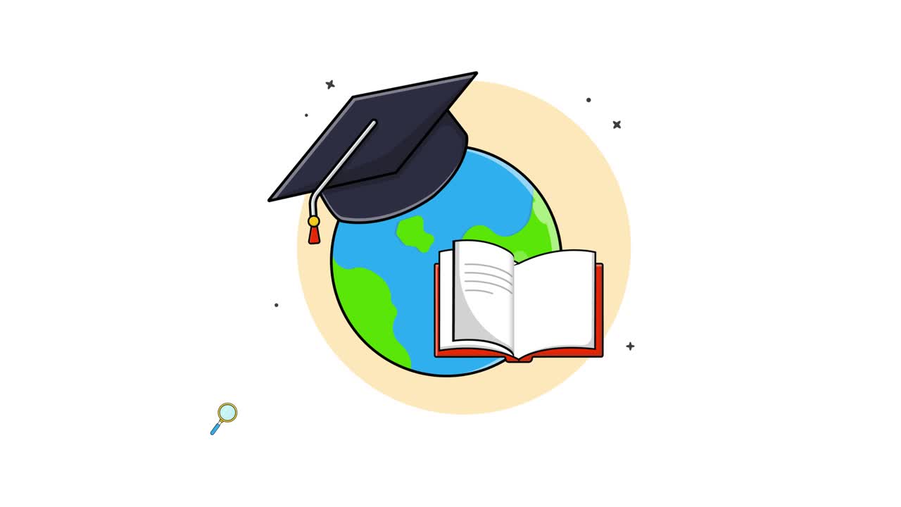 Konsep Pendidikan Global Animasi dengan Buku, Kaca Pembesar, dan Topi Wisuda.
