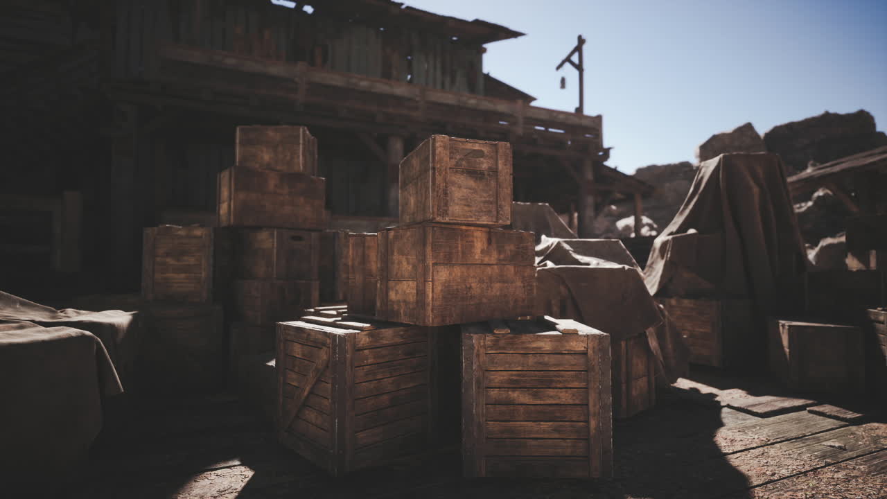 Wooden crates stacked in a dusty outdoor market under a clear sky