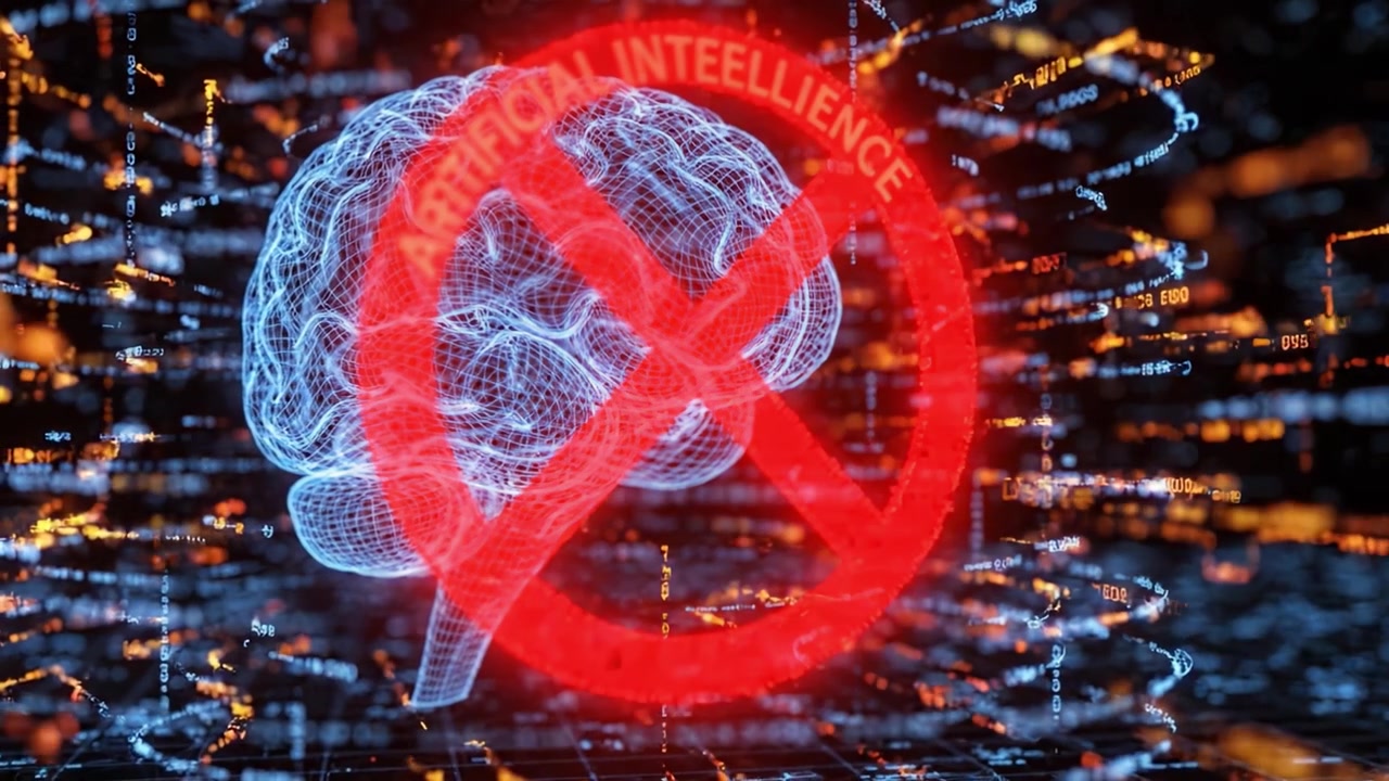 Visual Representation of the Human Brain Intertwined with Digital Elements, Highlighting the Tension Between Human Intelligence and Artificial Intelligence Threats
