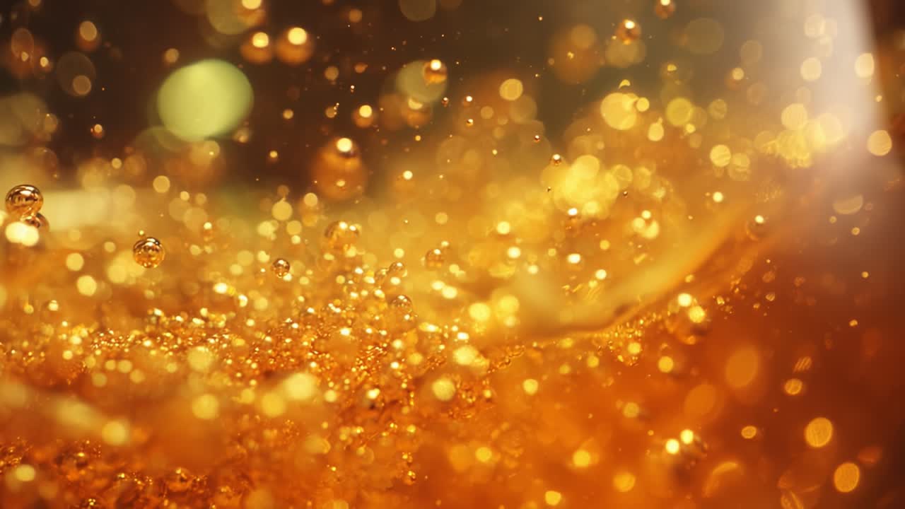 Captivating Bubbles and Sparkling Drops in a Golden Liquid: An Enchanting Display of Light Reflections and Textures Evoking a Sense of Wonder and Serenity