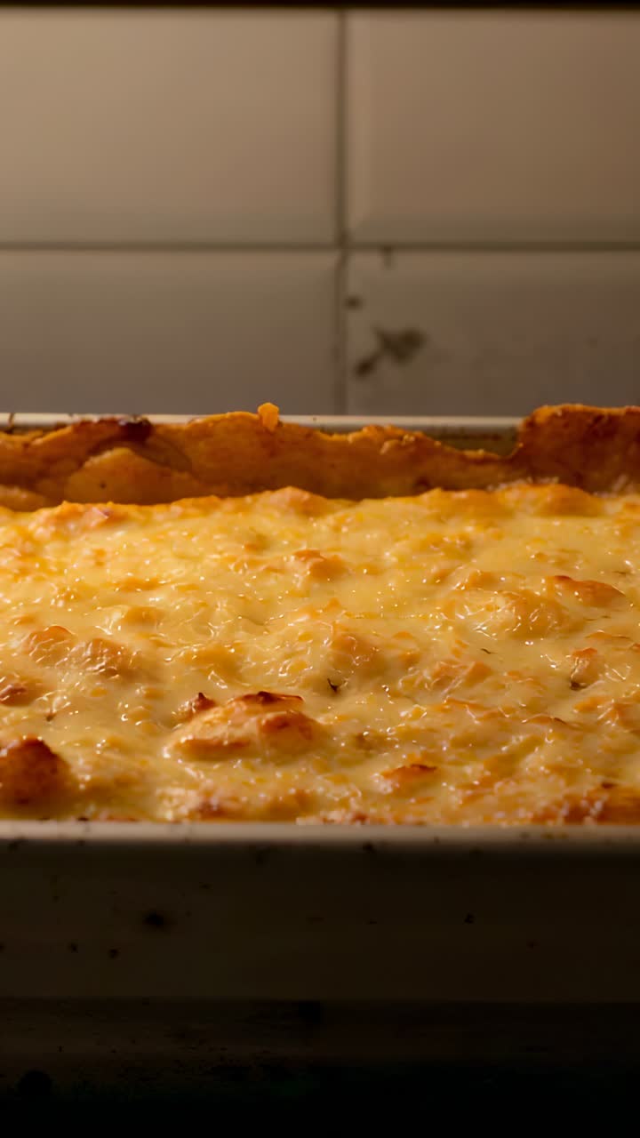 Vertical video: Showing rectangular dish cooling on counter near tiled backsplash, cheese settling