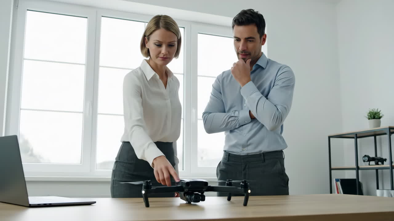 Business team inspecting a drone in the office