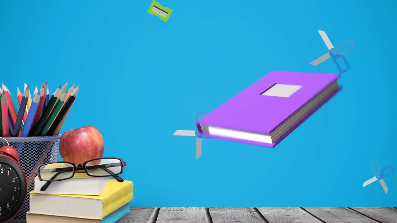 Animation of book moving and school items on blue background