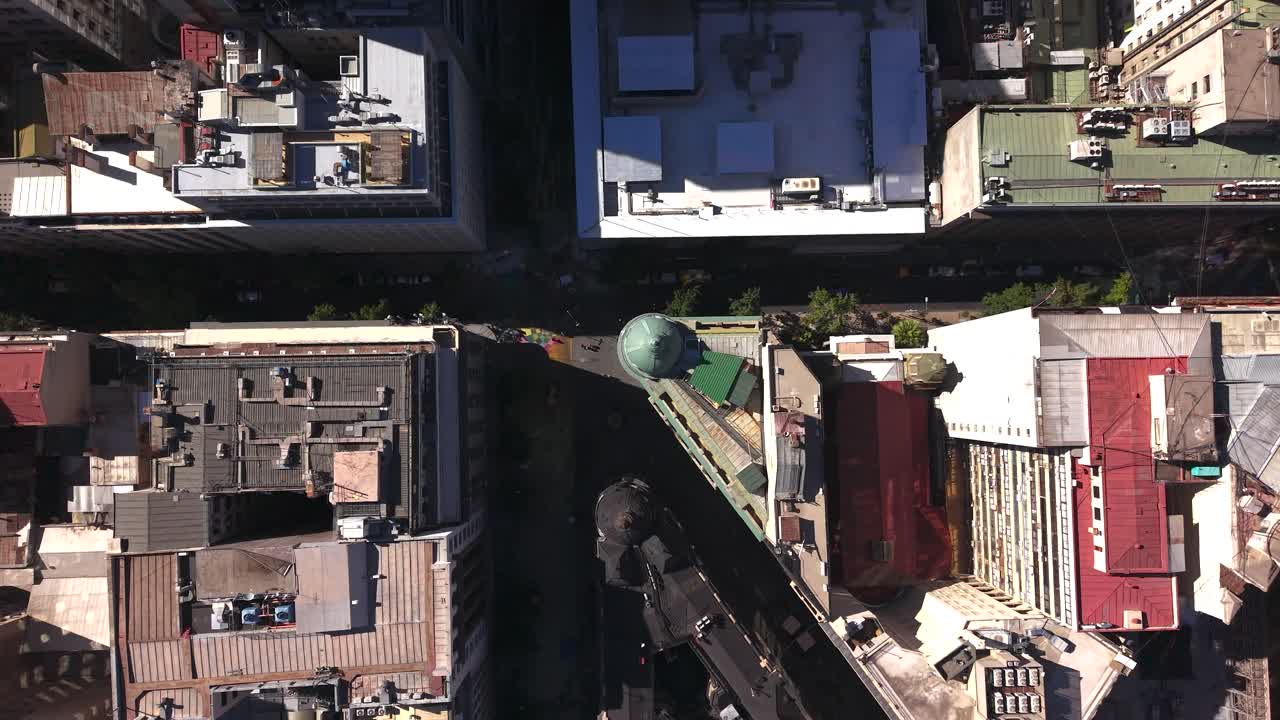 Drone footage capturing Santiago metropolitan core with dense structures for editorial and real estate projects. Chile, 4K