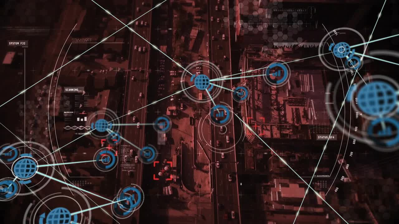 Core globe node appearing, HUD spawning nodes, linking, pulsing rings, marking targets for tracking