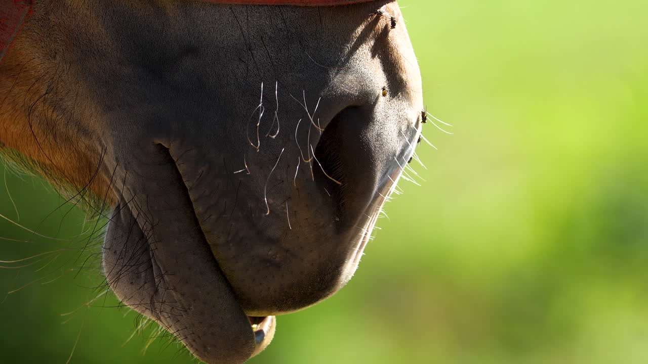 Close-up of a horse's muzzle with a red halter, with flies buzzing around in the sunlight