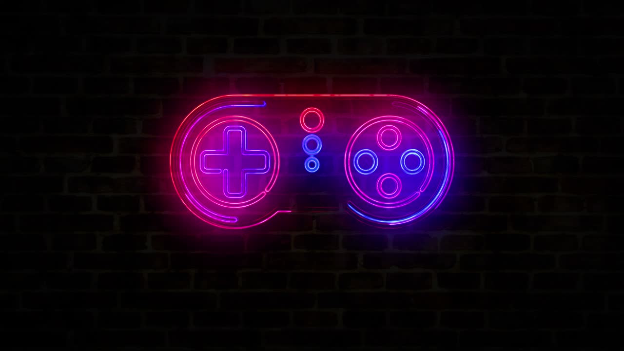 게임 패드 에스포트 기호 벽돌 벽에 네온