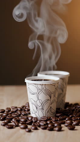 steaming hot coffee in disposable cups with coffee beans