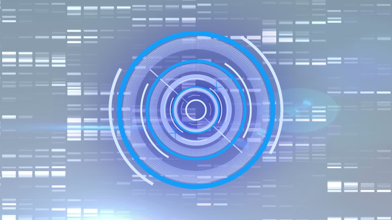 회색 배경에 모자이크 사각형 위에 네온 둥근 스캐너의 애니메이션