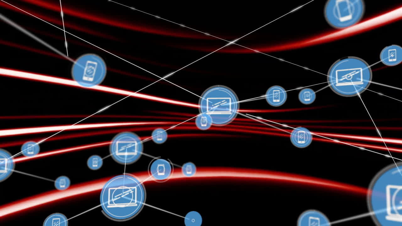 Animation of network of connections with icons over red trails