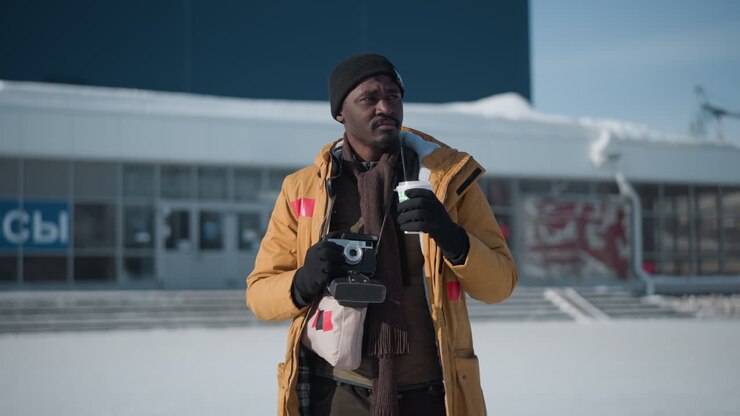 Mezza figura di un fotografo che indossa un cappotto invernale giallo, berretto e guanti, su una strada innevata, mentre si guarda intorno, sorseggia caffè e tiene la macchina fotografica al collo, sullo sfondo di edifici cittadini sfocati sotto la morbida luce diurna invernale.