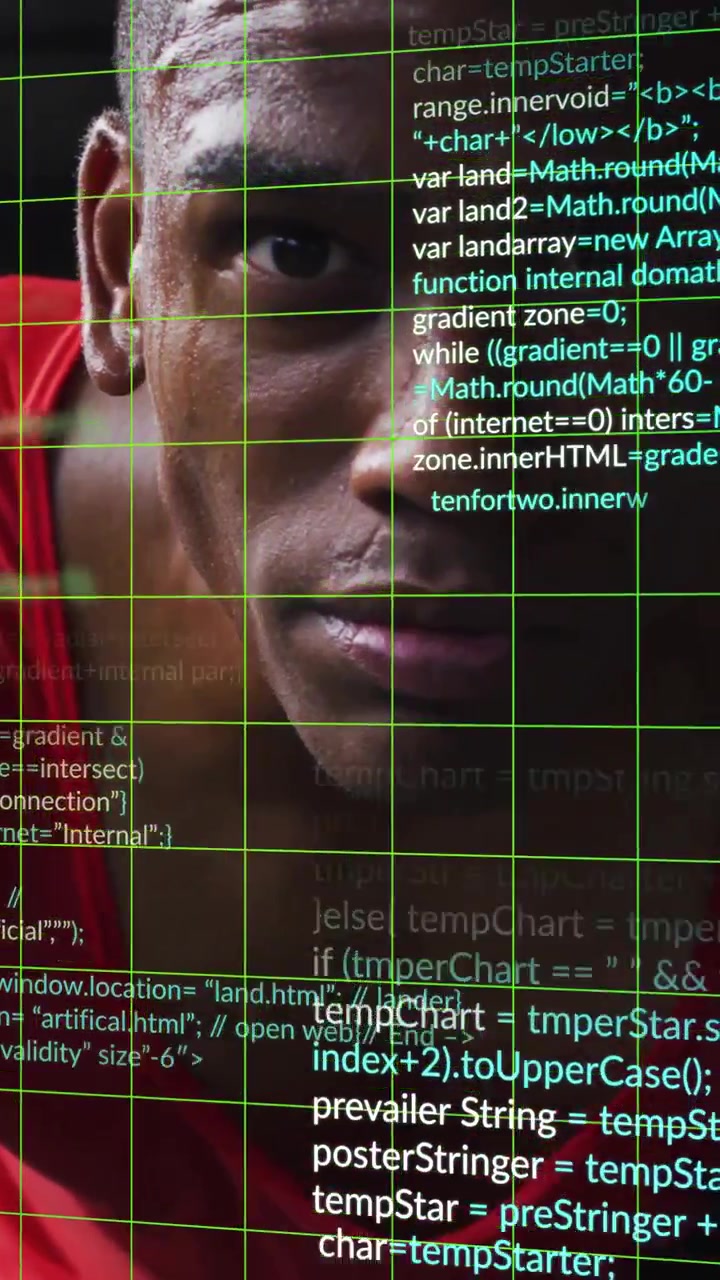 Vertical video: Man pushing up, sweating and focusing while green grid and code overlaying fitness