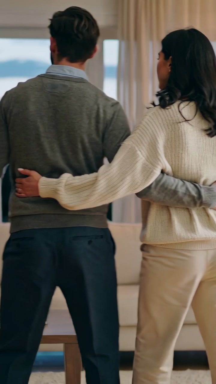 Vertical video: Spotting outside pointing couple embracing by sofa facing window in knits cup book