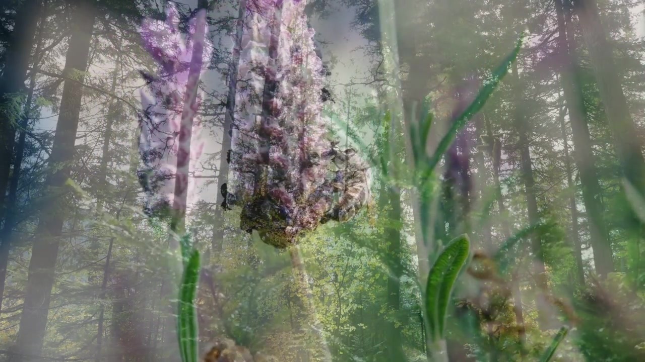 Toning startar, lila blomhuvud klarnar och driver när skogen mjuknar och avslöjar en skiktad scen.