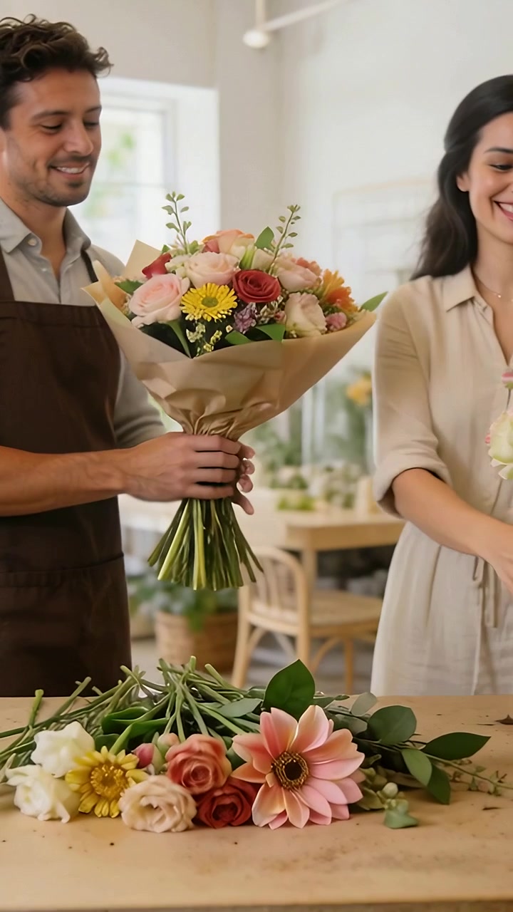 Video verticale: Presentazione di un bouquet avvolto, fiorista con grembiule e donna che sistema gli steli in un vaso.