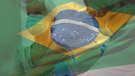 Animation-of-flag-of-brazil-waving-over-doctor-wearing-face-mask-and-vaccinating-senior-woman