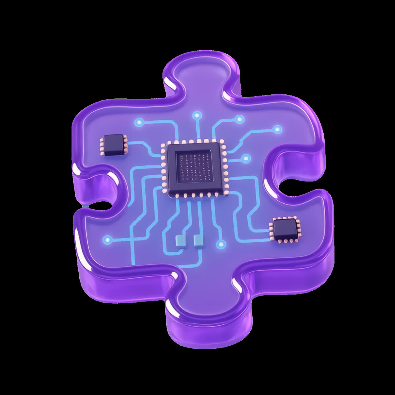 Puzzle piece with microchip technology animation isolated asset, transparent 4K video, alpha