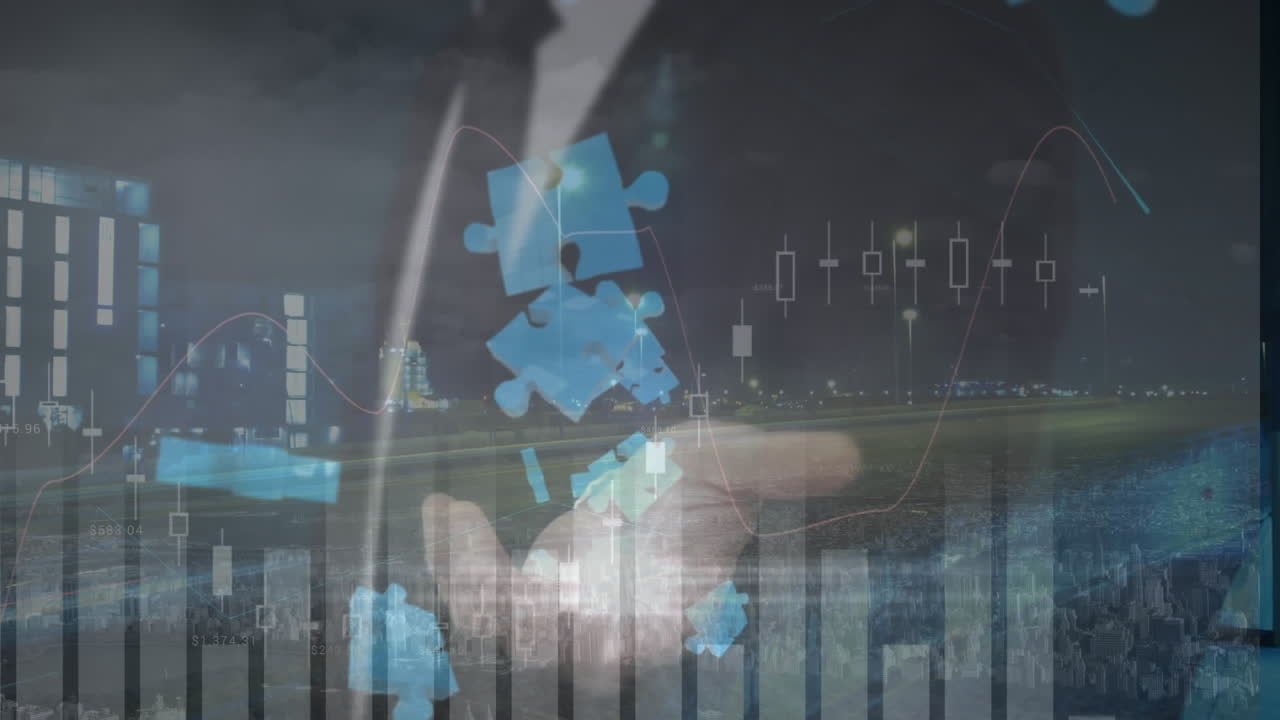 Animation von Datenverarbeitung und Puzzle über einer Stadtlandschaft