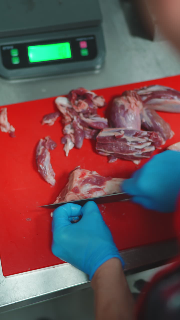 Close-Up of Chef's Hands in Blue Gloves Cutting Raw Meat