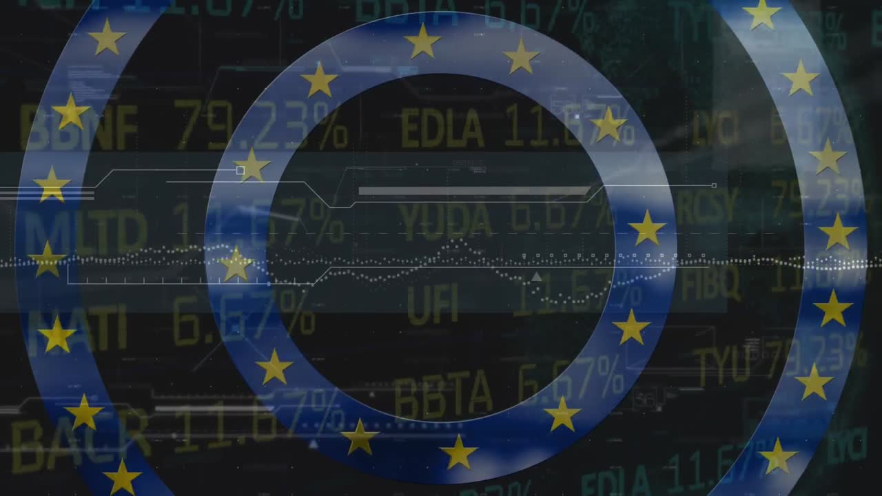 animación de círculos con bandera de la ue sobre el procesamiento de datos