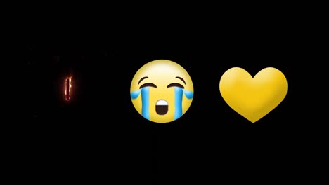 Emoji-De-Cara-Llorando,-Corazón-Amarillo-Roto-Y-El-Icono-Número-Uno-En-Llamas-Sobre-Fondo-Negro