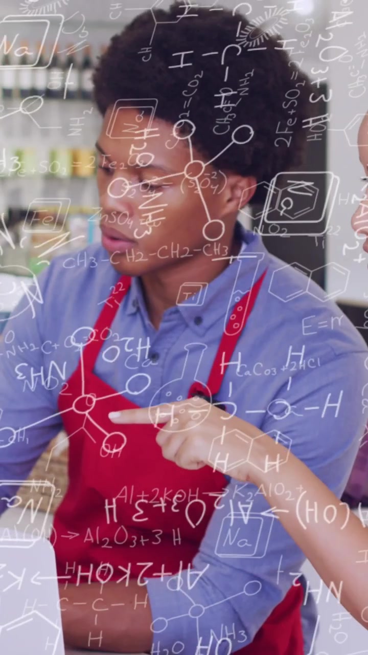 Animation of data processing over diverse people with tablet in shop