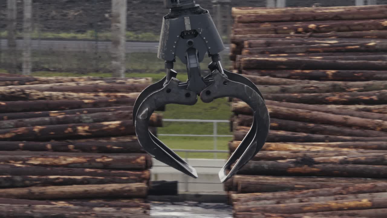 челюсти тяжелой машины перемещаются по грудам сложенной древесины