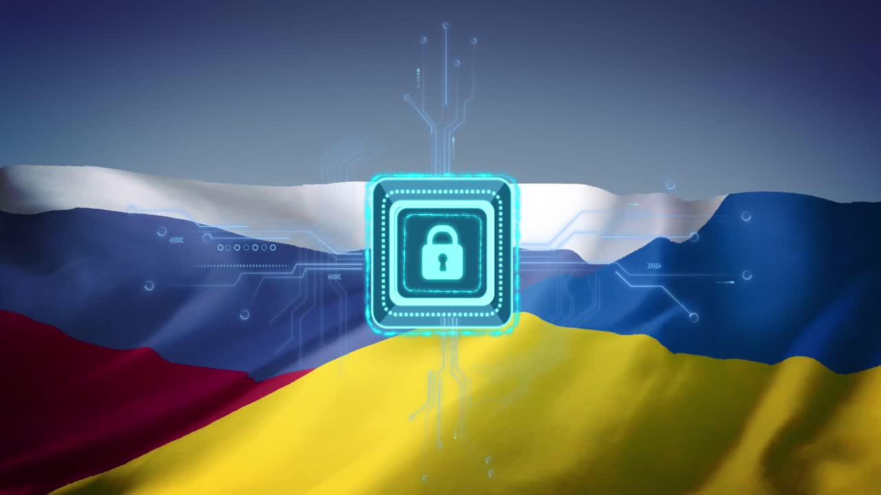 Animace visacího zámku a zpracování dat přes vlajky Ruska a Ukrajiny.