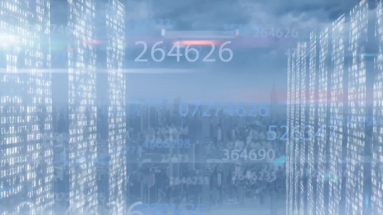 Animation of falling numbers and data processing over cityscape