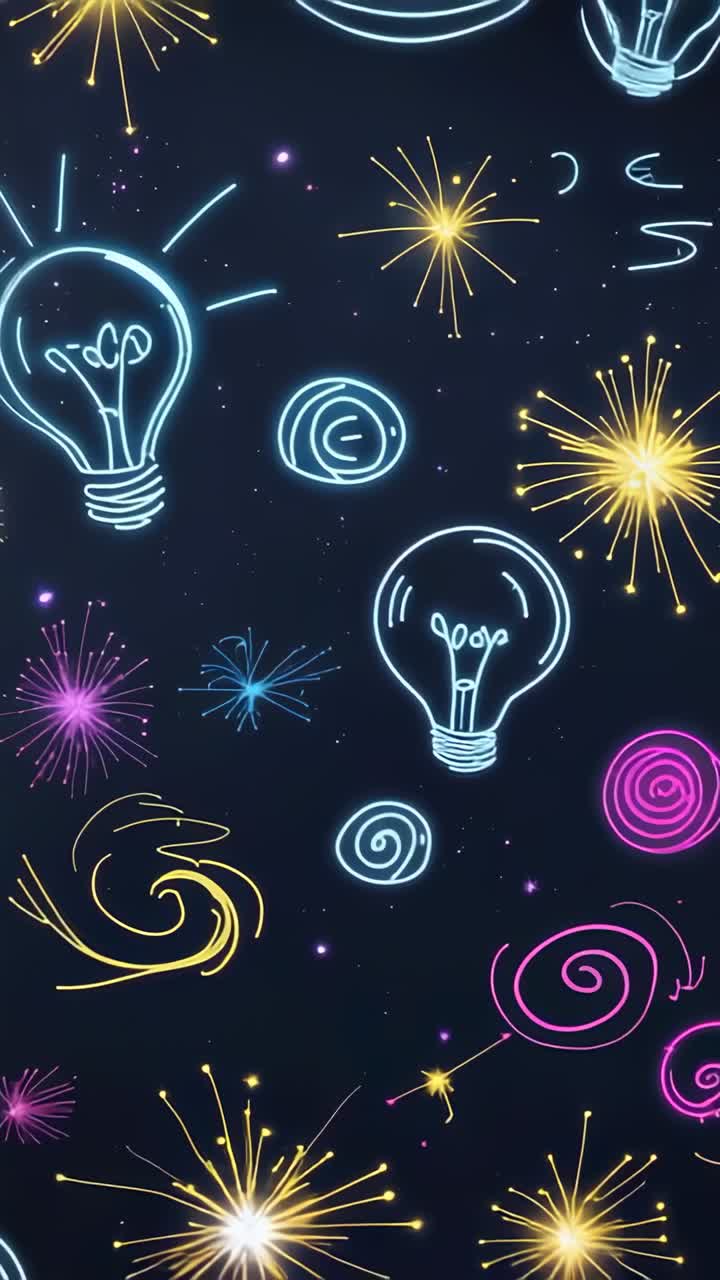 Vertical video: Neon doodles pulsating in dark starry space, with lightbulb starburst spiral motifs