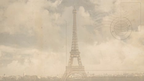 Animation-of-paris-eiffel-tower-over-stamped-envelope