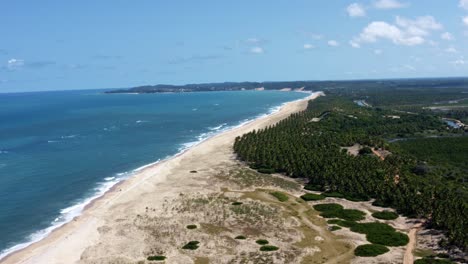 ¿camionaje-A-La-Izquierda-Del-Dron-Aéreo-Toma-Amplia-De-La-Costa-Tropical-De-Río-Grande-Do-Norte,-Brasil-Con-Una-Playa-Blanca-Virgen,-Agua-Azul-Del-Océano-Y-Palmeras-Entre-Baia-Formosa-Y-Barra-De-Cunha?