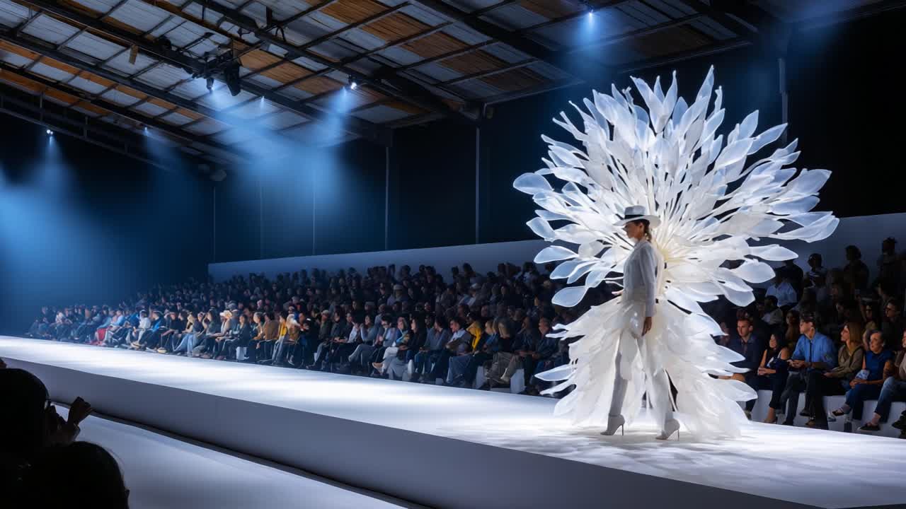 A striking model showcases an elaborate avant-garde outfit adorned with intricate feather-like designs, captivating an audience in a stunning fashion show setting under dramatic lighting