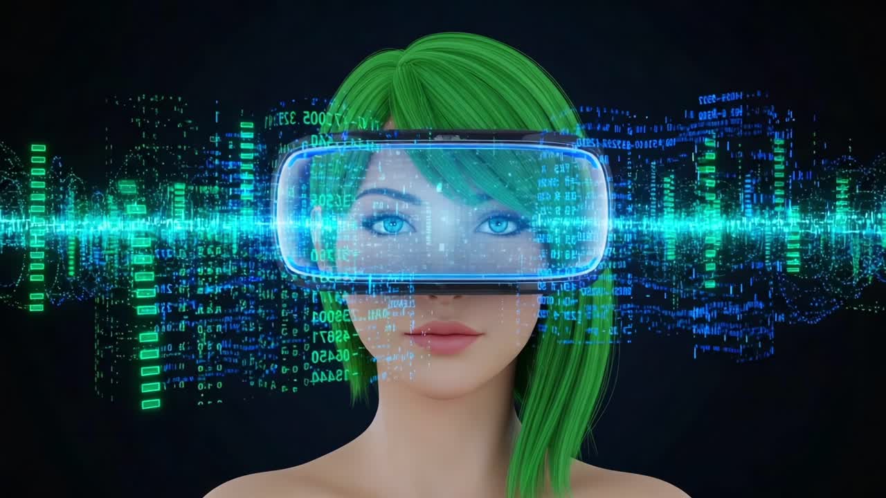 A Futuristic Woman with Green Hair Wearing Virtual Reality Headset, Surrounded by Digital Data Waves and High-Tech Visuals, Symbolizing Innovation and Connectivity