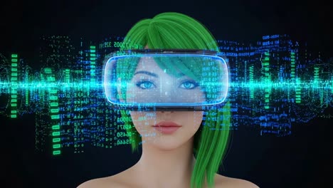 a futuristic woman with green hair wearing virtual reality headset, surrounded by digital data waves and high-tech visuals, symbolizing innovation and connectivity